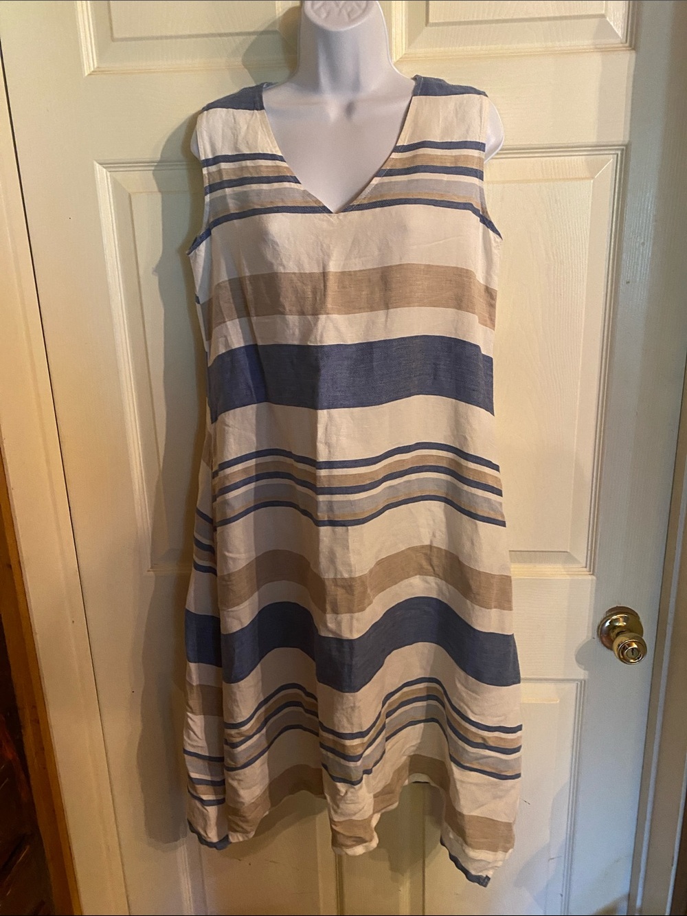 Relaxed V-Neck Sleeveless Striped Dress in Blue, Tan and Cream